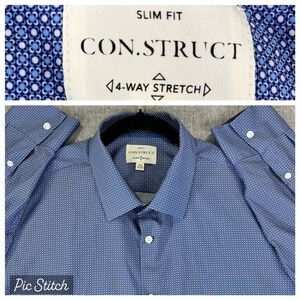 Con.Struct Button Up Shirt Mens XXL Blue Slim  Stretch Geometric Poka Dot